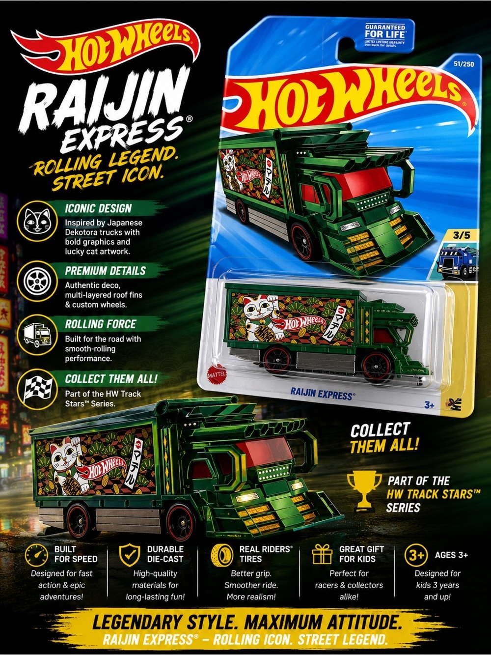 Hot Wheels Raijin Express Green Die-Cast Truck - Collectible Kids Vehicle